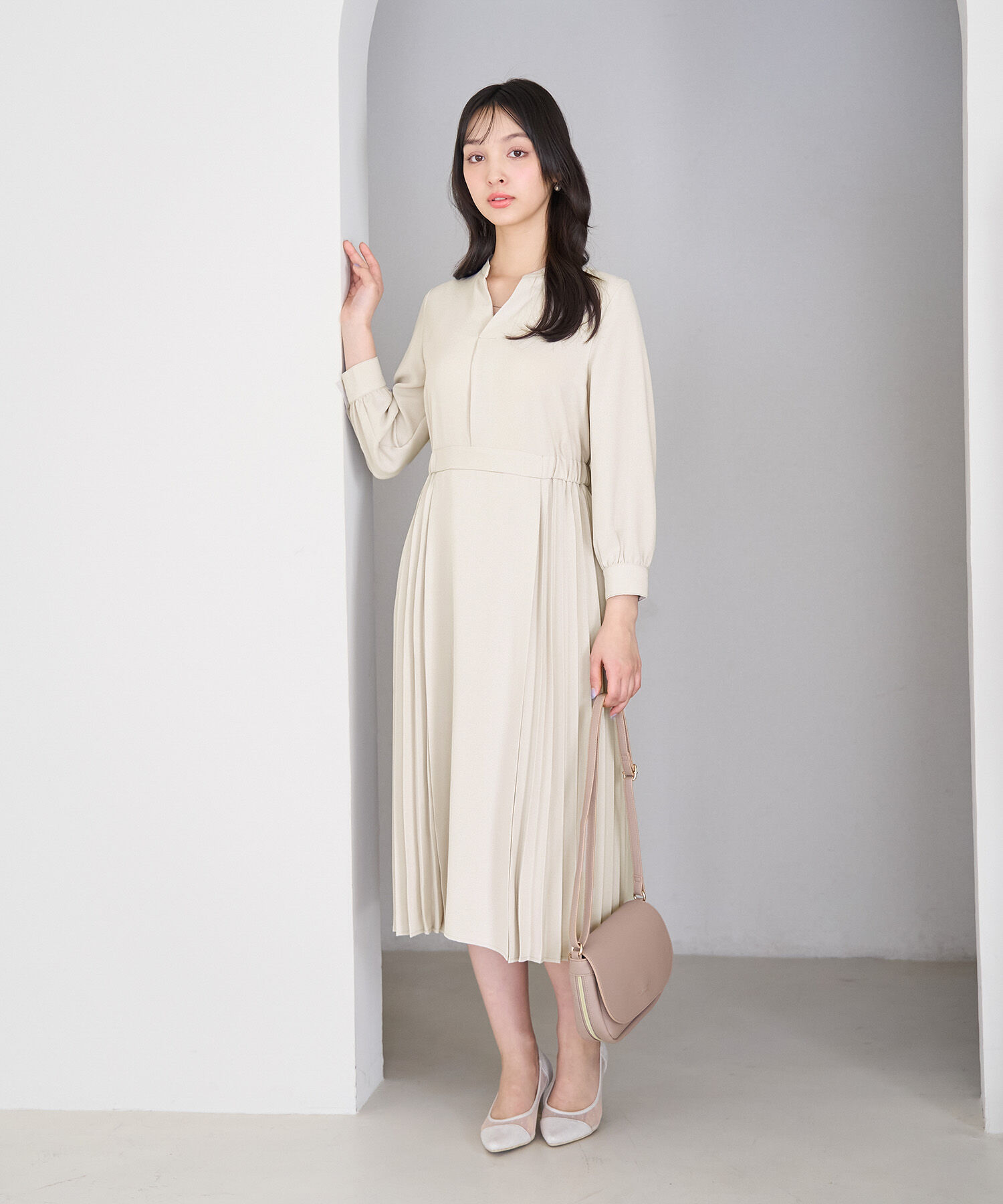 Rope&rsquo;Picnic「小柄さん向け/サイドプリーツキーネックワンピース」|ワンピース|