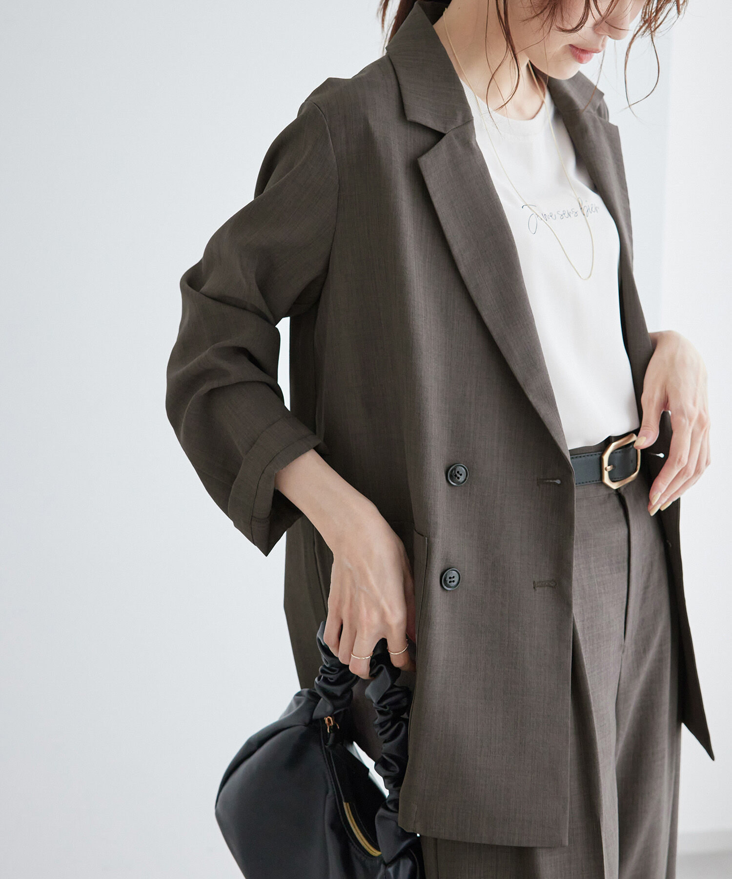 Rope&rsquo;Picnic「セットアップ対応/麻調シアーダブルテーラードジャケット/冷感・UVカット」|テーラードジャケット|ダークブラウン(20)