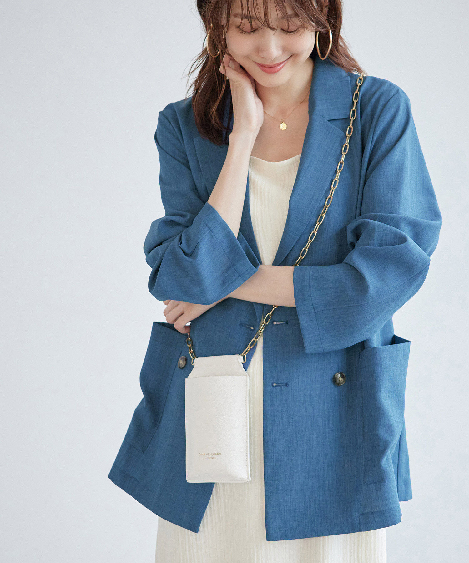 Rope&rsquo;Picnic「セットアップ対応/麻調シアーダブルテーラードジャケット/冷感・UVカット」|テーラードジャケット|ブルー系(45)