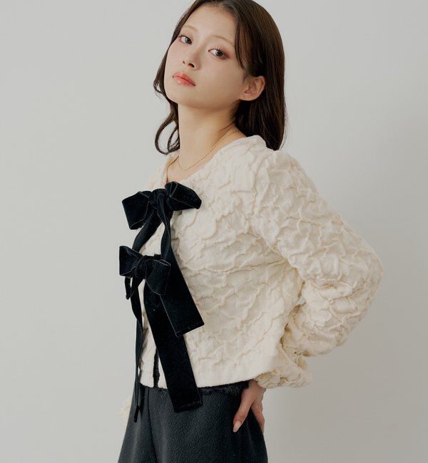  「【SALON by Chico】前後2wayフロントリボン配色カーディガン」|カーディガン|