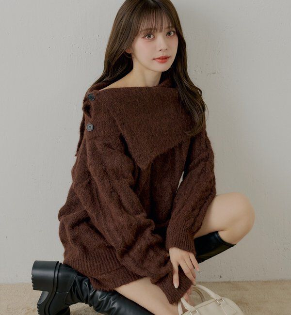  「【セットアップ対応】ケーブルニット+スヌードセット」|ニット・セーター|ブラウン