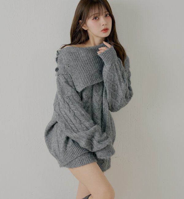  「【セットアップ対応】ケーブルニット+スヌードセット」|ニット・セーター|グレー