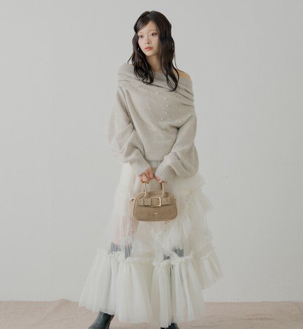  「ビジュー付きアンゴラオフショルニット」|ニット・セーター|