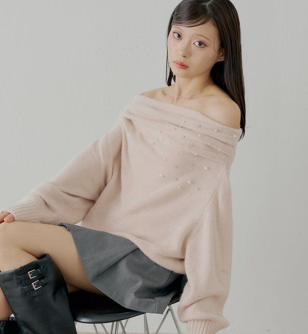  「ビジュー付きアンゴラオフショルニット」|ニット・セーター|ピンク