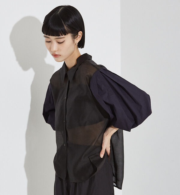 NOMINE「【セットアップ着用可】シアー コンビ5分袖 襟付きシャツ」|シャツ・ブラウス|