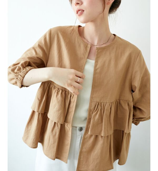  「《着映え◎》コットン麻フリルティアードジャケット」|その他|キャメル