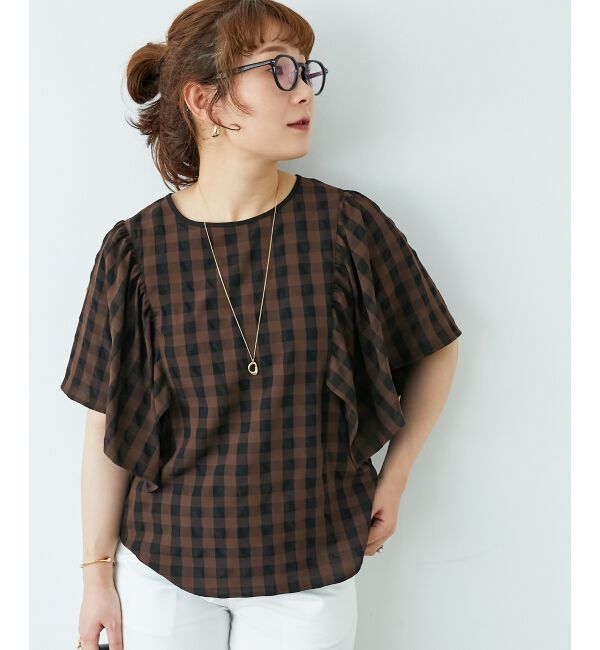  「《手洗い可能》ギンガムギャザーフレアスリーブブラウス」|シャツ・ブラウス|