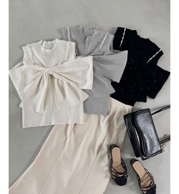  「パールチェーンビジューリボンニット」|ニット・セーター|