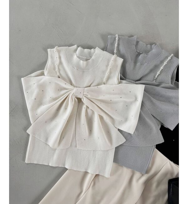  「パールチェーンビジューリボンニット」|ニット・セーター|