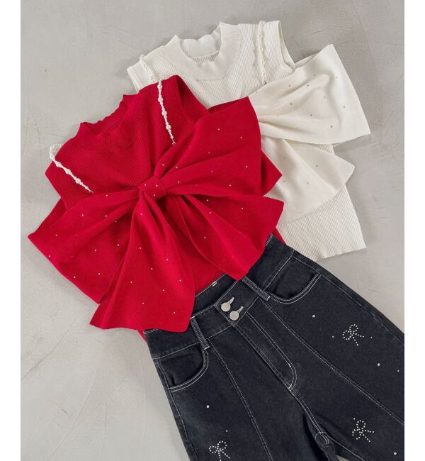  「パールチェーンビジューリボンニット」|ニット・セーター|