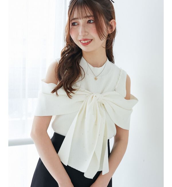  「パールチェーンビジューリボンニット」|ニット・セーター|