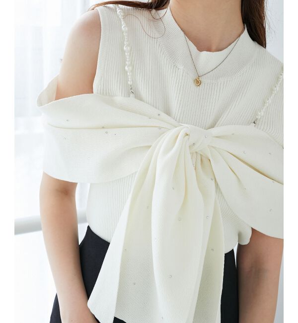  「パールチェーンビジューリボンニット」|ニット・セーター|