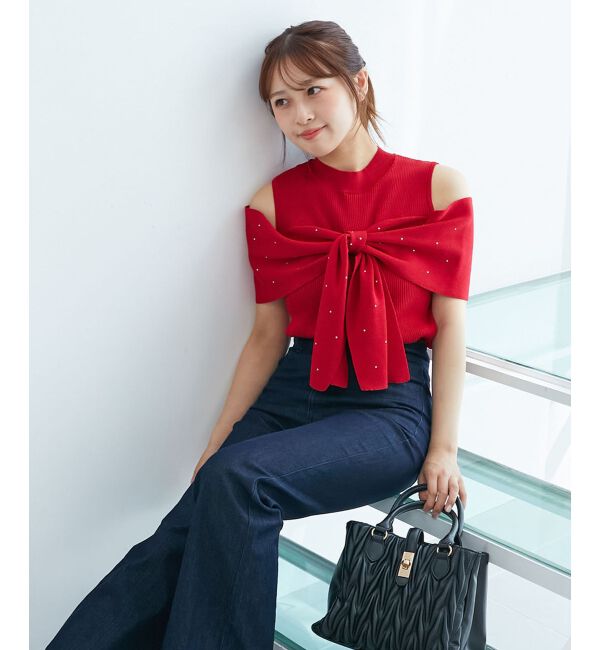  「パールチェーンビジューリボンニット」|ニット・セーター|レッド