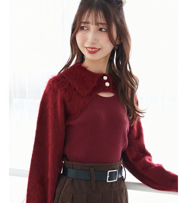  「襟付きデコルテオープンニット」|ニット・セーター|ボルドー