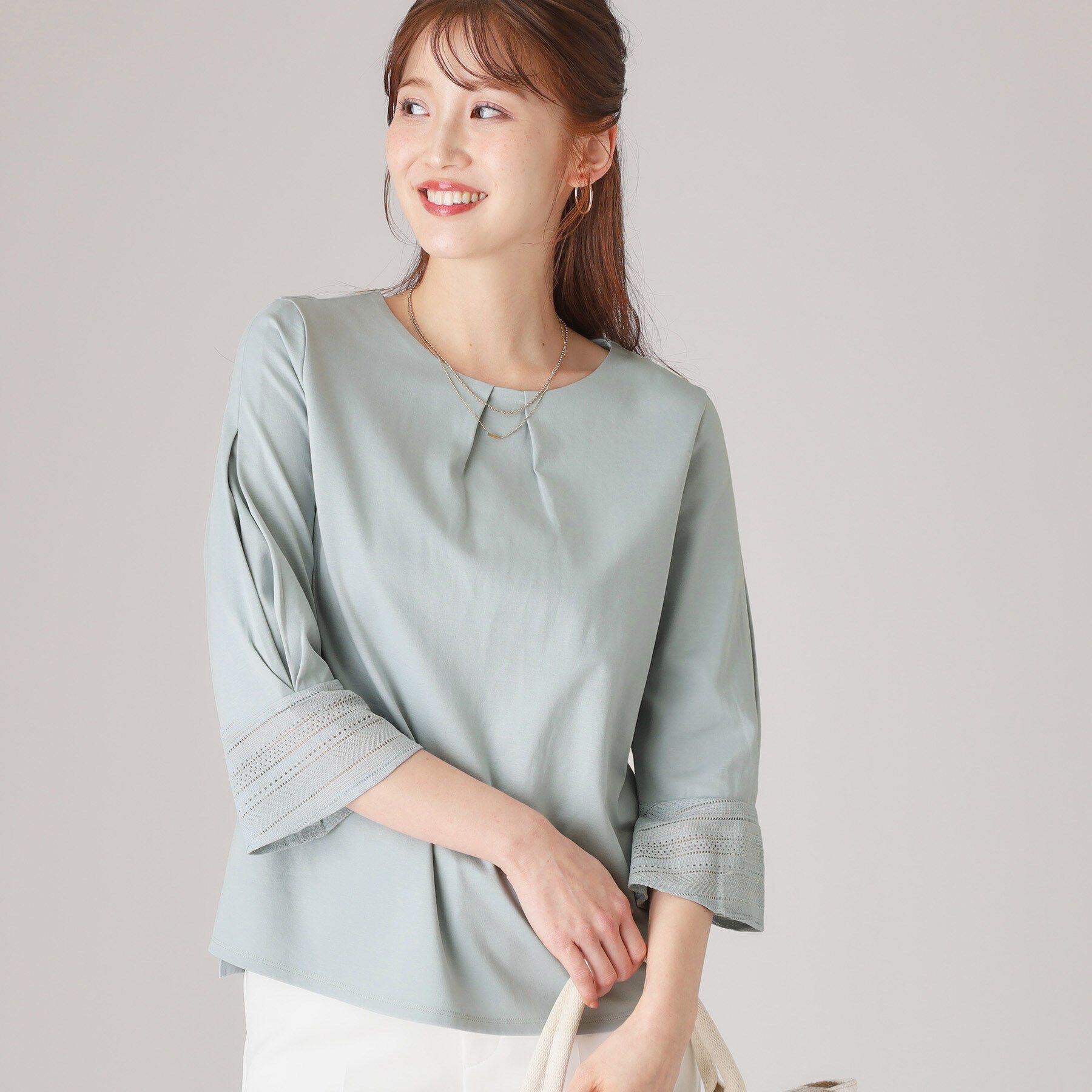 COUP DE CHANCE「【洗える／日本製／きれいめジャージ素材】レース使いプルオーバー」|シャツ・ブラウス|ミントグリーン(02