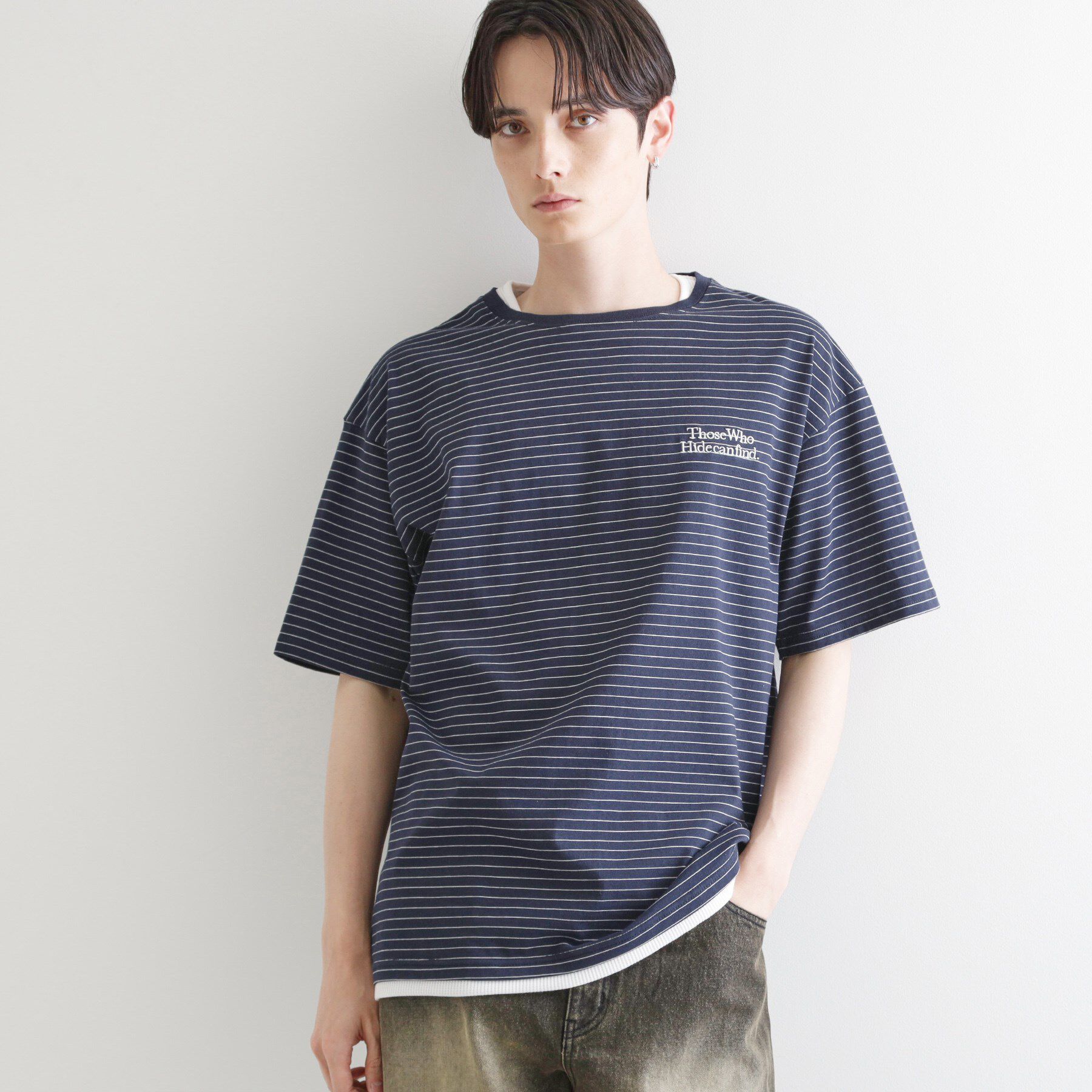 tk.TAKEO KIKUCHI「マイクロボーダーフェイクTシャツ」|Tシャツ・カットソー|ネイビー(394)