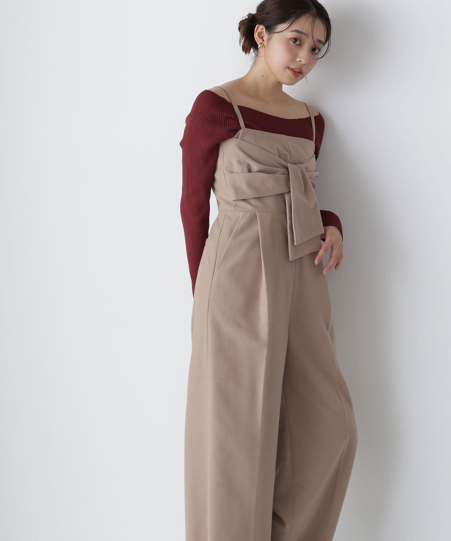  「ビッグリボンオールインワン」|ワンピース|ベージュ