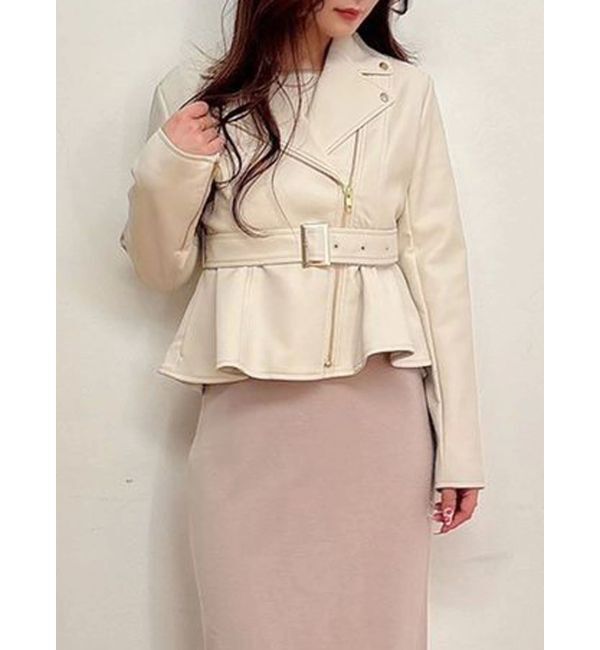 MERCURYDUO「ペプラムライダースジャケット」|ライダースジャケット|ベージュ