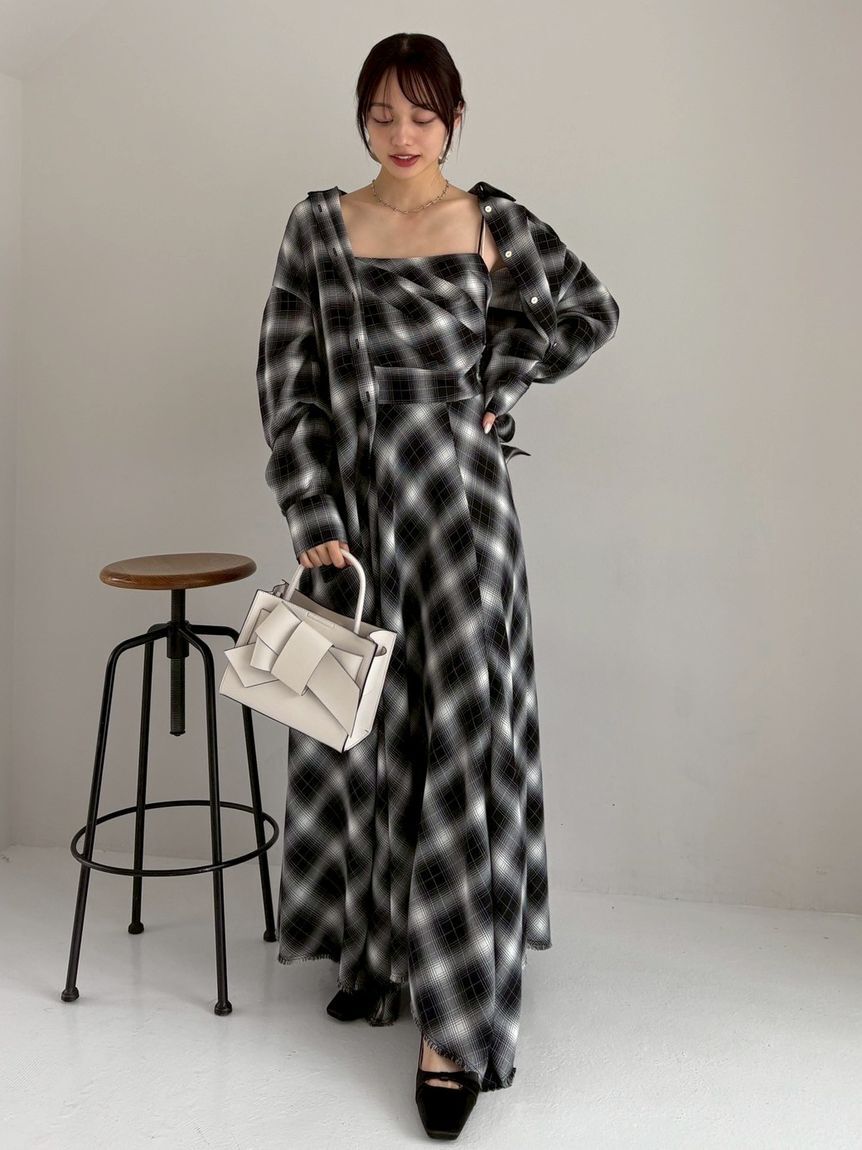 FRAY I.D「オンブレチェックアシメヘムキャミドレス」|ドレス|BLK