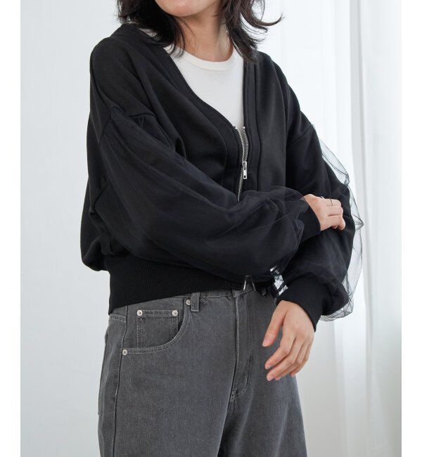 VENCE share style「裏毛ｘチュールダブルZIPカーディガン」|スウェット・ジャージ|ブラック