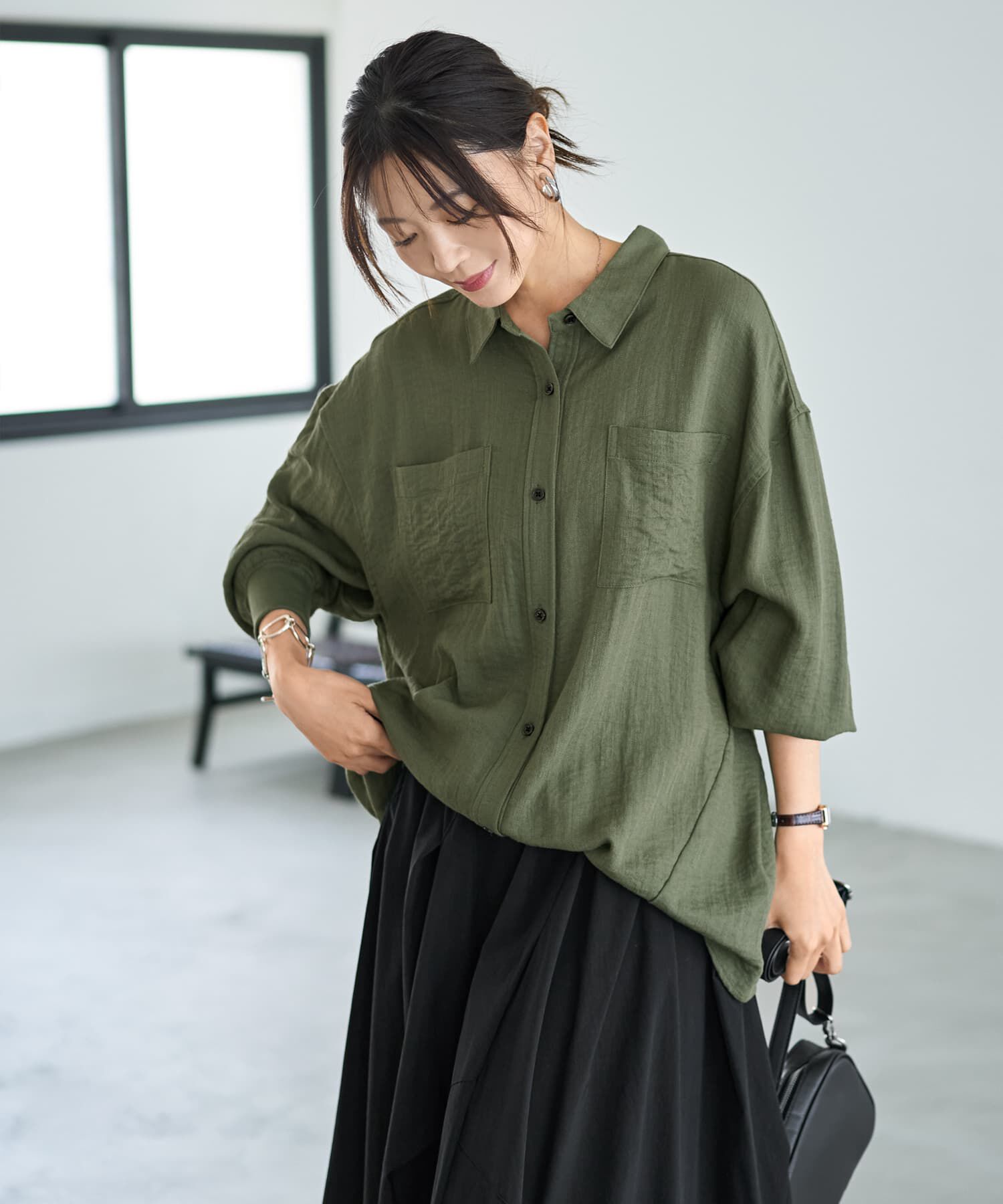 STYLE DELI「【LUXE】前裾イン風ワザあり2WAYシャツ」|シャツ・ブラウス|バジルグリーン