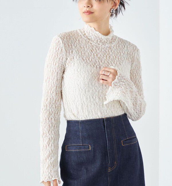 SHIPS for women「〈手洗い可能〉リンクル フラワー レース タートル 」|Tシャツ・カットソー|オフホワイト