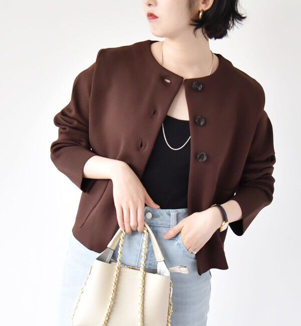 quaranciel「quaranciel:〈手洗い可能〉ノーカラー クラシカル ジャケット カーディガン」|カーディガン|ブラウン
