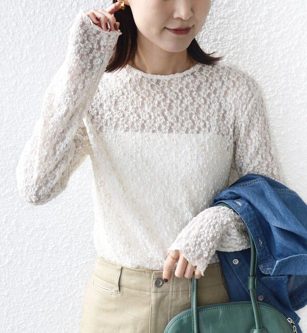 SHIPS for women「〈手洗い可能〉ラメ ラッセル レース ヘンリー ネック 2WAY プルオーバー」|Tシャツ・カットソー|