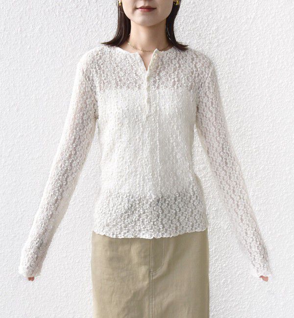 SHIPS for women「〈手洗い可能〉ラメ ラッセル レース ヘンリー ネック 2WAY プルオーバー」|Tシャツ・カットソー|