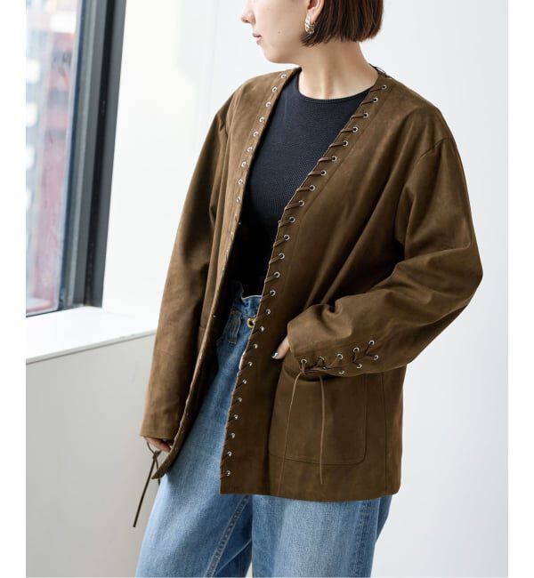  「SUEDE-LIKE LACEUP JACKET」|ノーカラージャケット|ブラウン