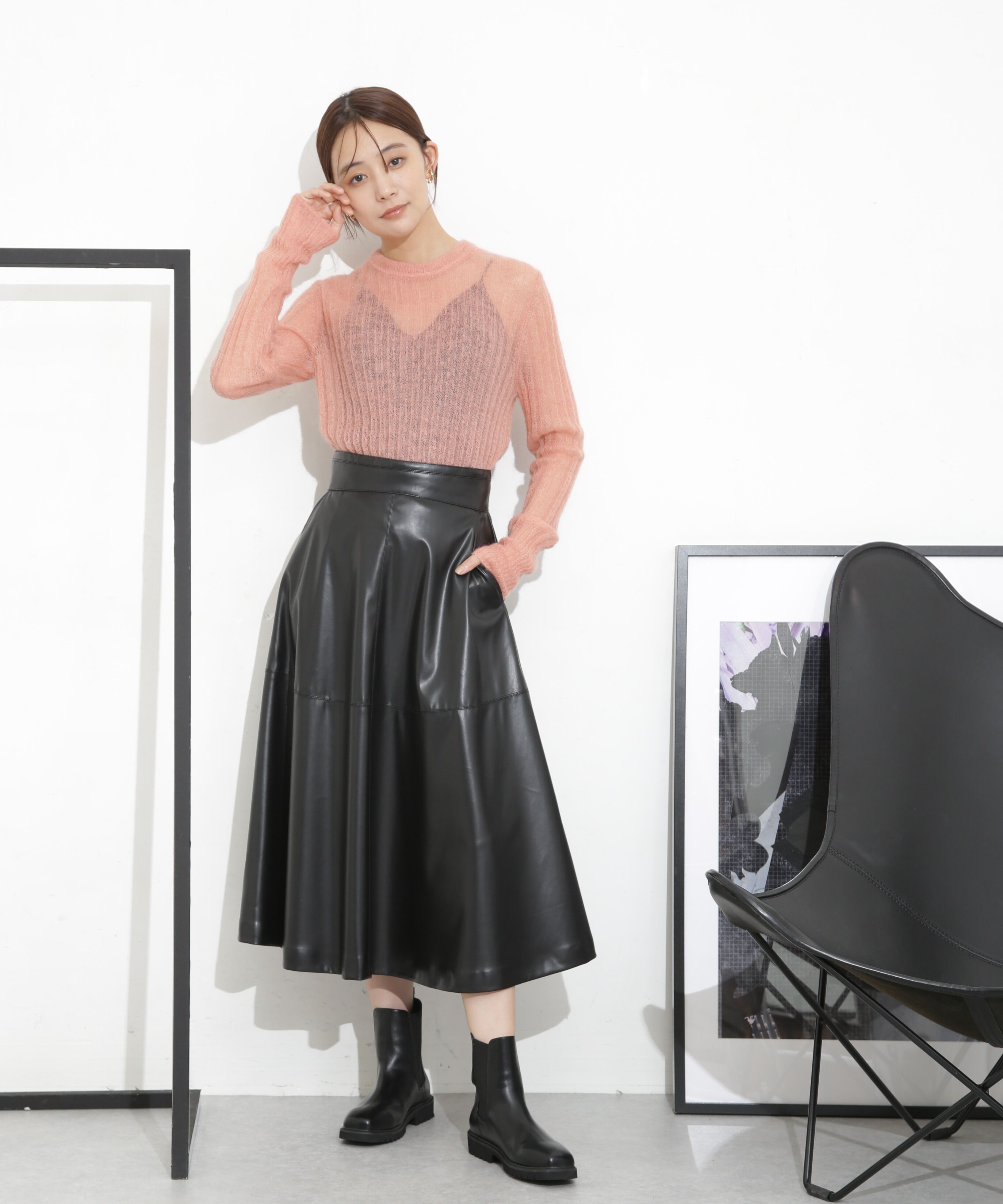 nano･universe「フェイクレザーフレアスカート」|スカート|ブラック