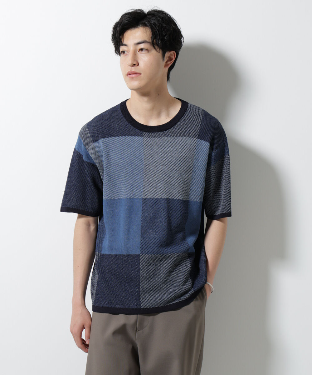 nano･universe「ブロックチェックニットTシャツ 半袖」|ニット・セーター|