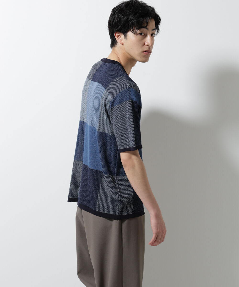 nano･universe「ブロックチェックニットTシャツ 半袖」|ニット・セーター|