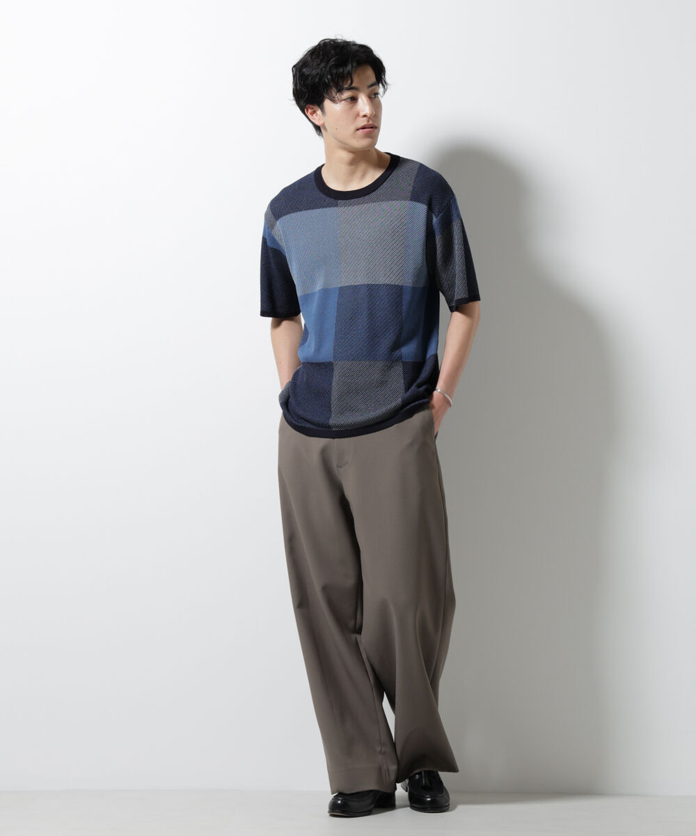 nano･universe「ブロックチェックニットTシャツ 半袖」|ニット・セーター|