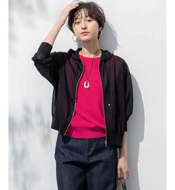 23区「【洗える】シャイニーシアー ニット パーカー」|パーカー|ブラック系