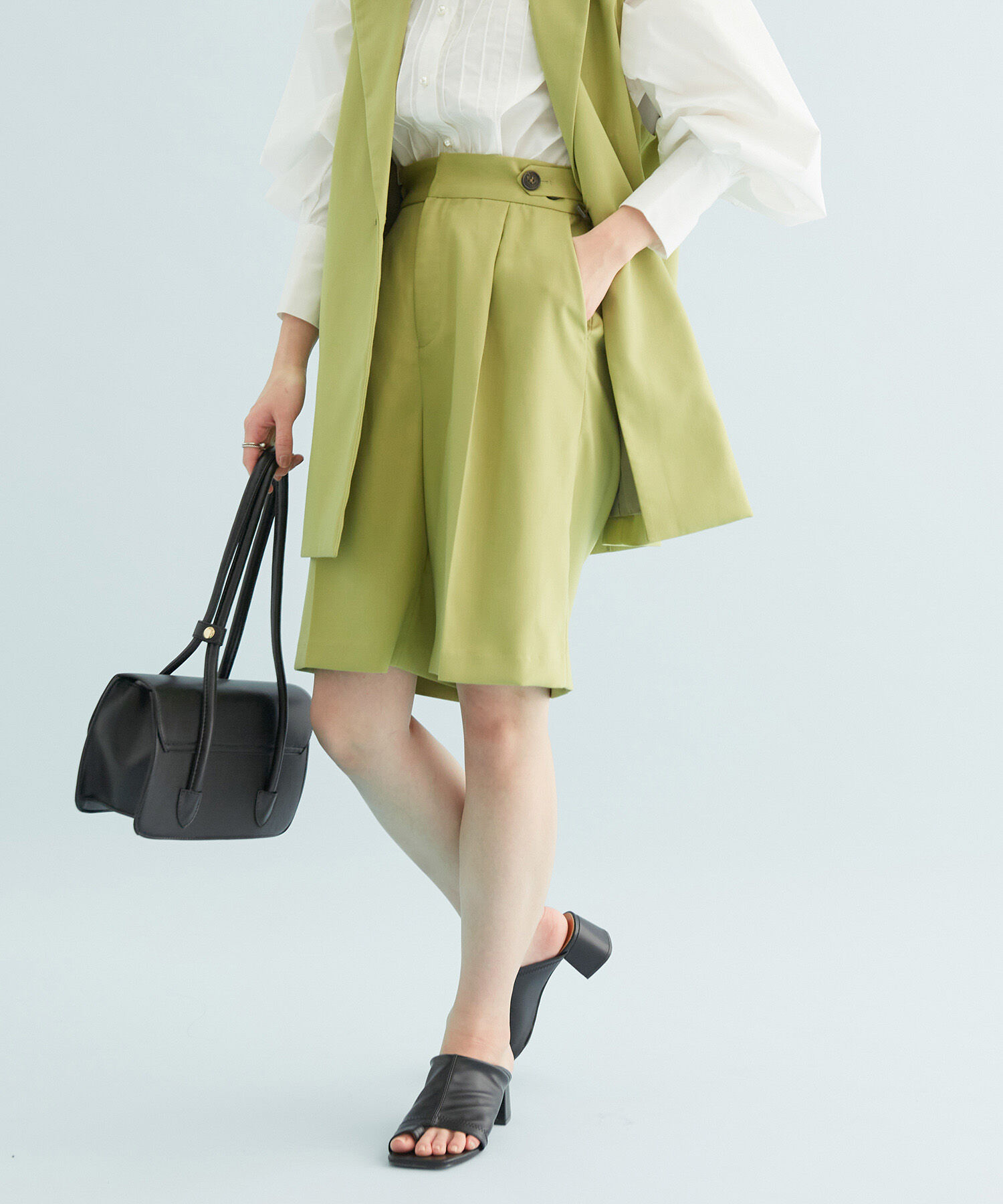 VIS「【セットアップ対応】ウエストアジャスタブルハーフパンツ」|スラックス|グリーン(30)