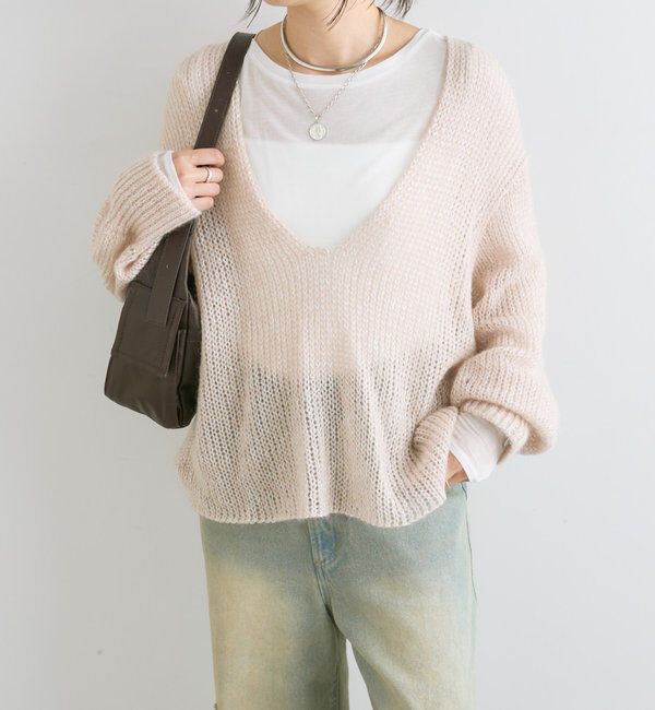  「【軽い着心地】モヘアリリープランジネックニット」|ニット・セーター|ピンク