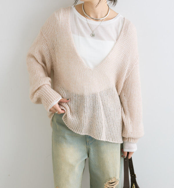  「【軽い着心地】モヘアリリープランジネックニット」|ニット・セーター|