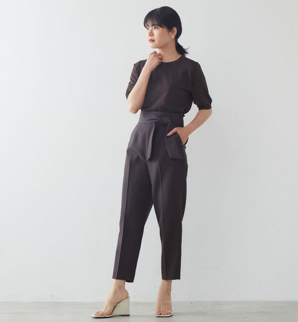 TIARA「麻調ハイウエストテーパードパンツ」|その他|ブラウン