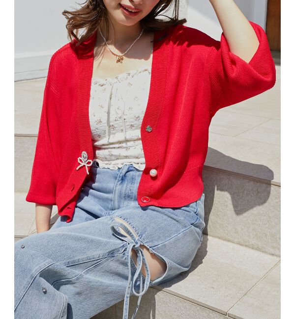  「チャームボタンUVカットカーディガン」|カーディガン|レッド