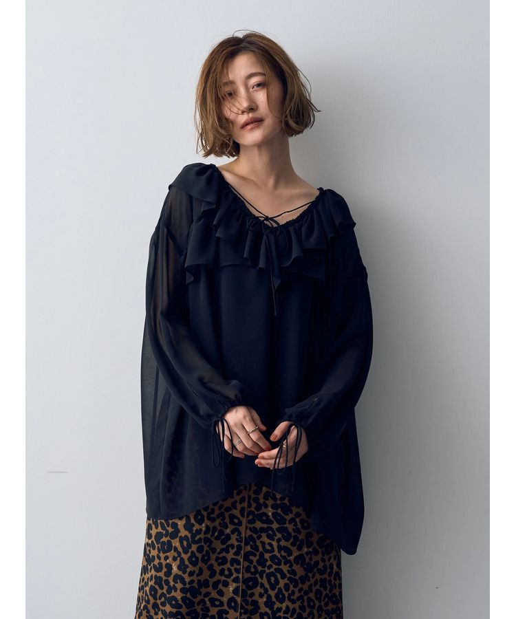 YECCA VECCA「ラッフルストリングシアーブラウス」|シャツ・ブラウス|Black