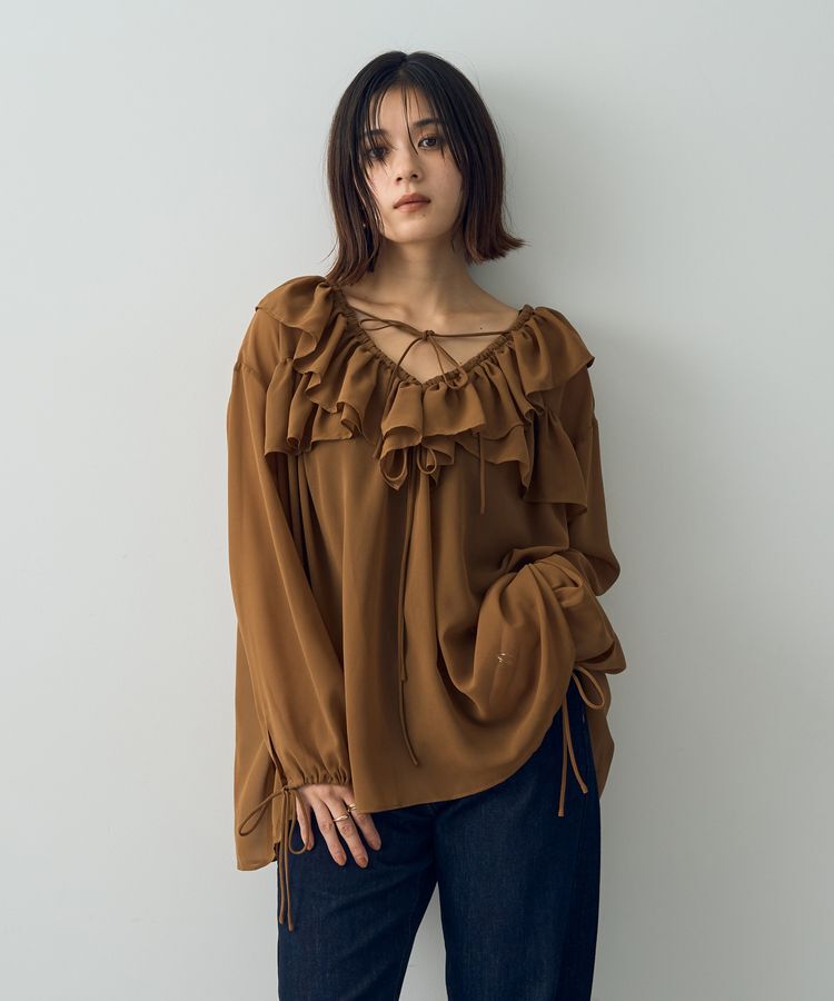 YECCA VECCA「ラッフルストリングシアーブラウス」|シャツ・ブラウス|Dark beige