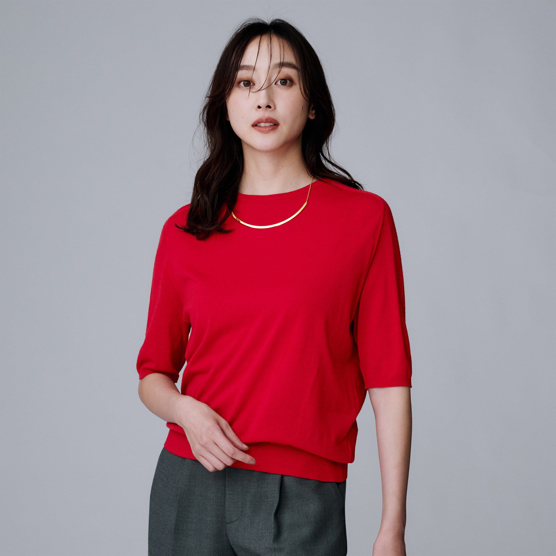 UNTITLED「【アンサンブル可/六分袖/洗える】ウールシルクニット」|ニット・セーター|レッド(062)