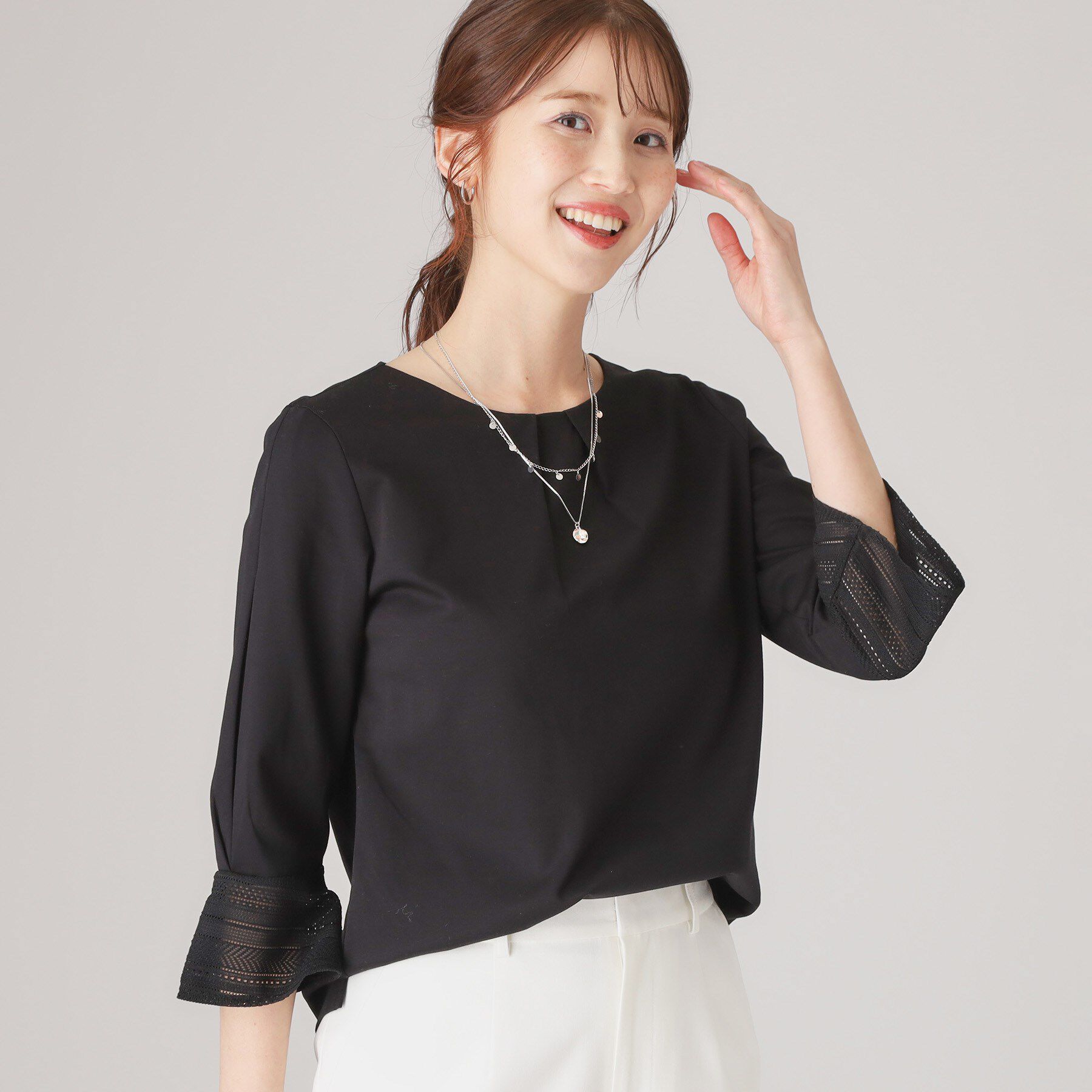 COUP DE CHANCE「【洗える／日本製／きれいめジャージ素材】レース使いプルオーバー」|シャツ・ブラウス|ブラック(019)