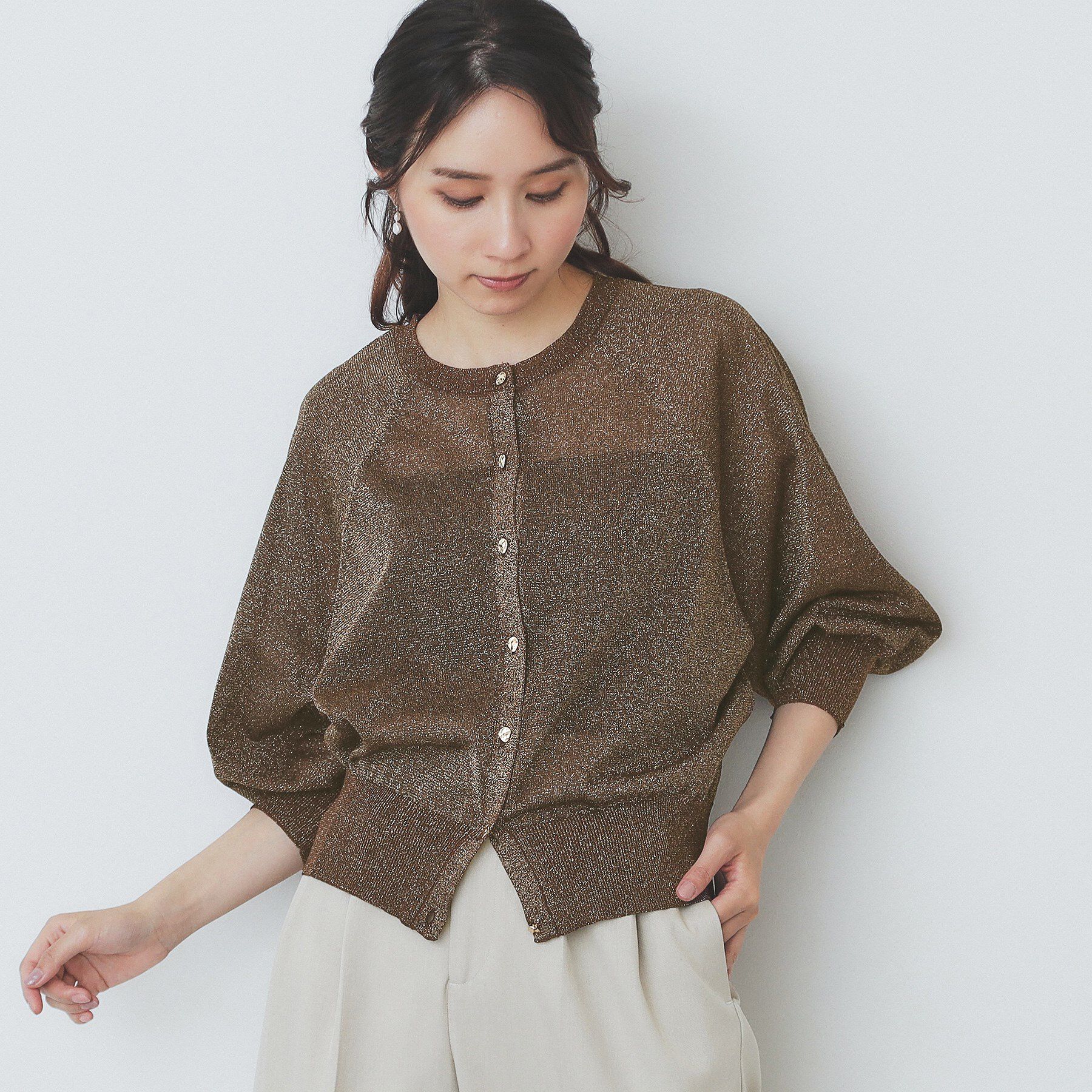 index「シアーラメドルマンショートカーディガン【洗濯機洗い可】」|カーディガン|ブラウン(044)