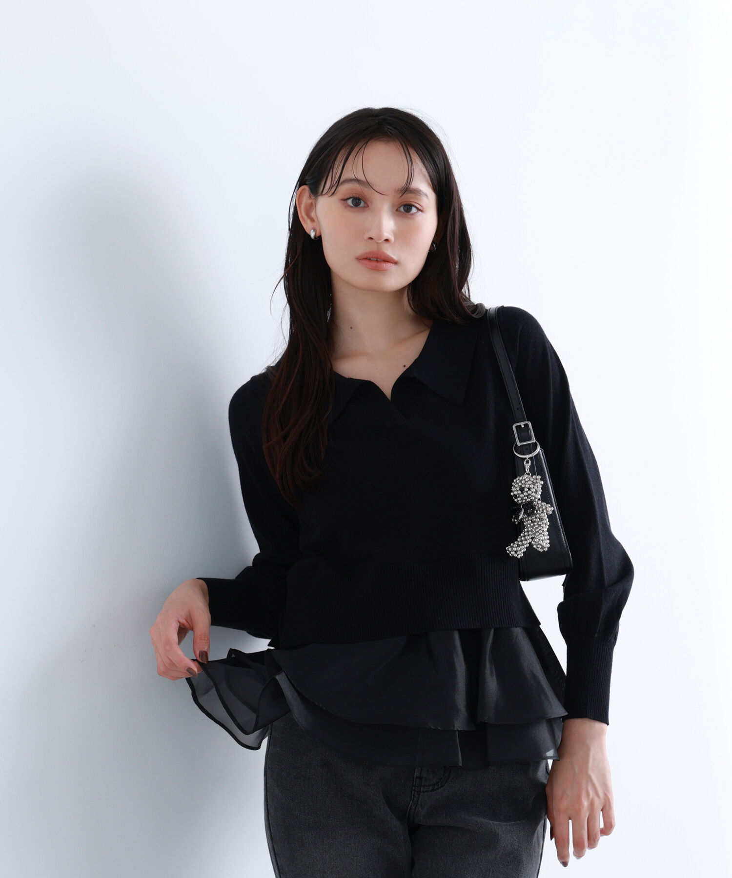  「オーガンドッキングスキッパーニット」|ニット・セーター|ブラック