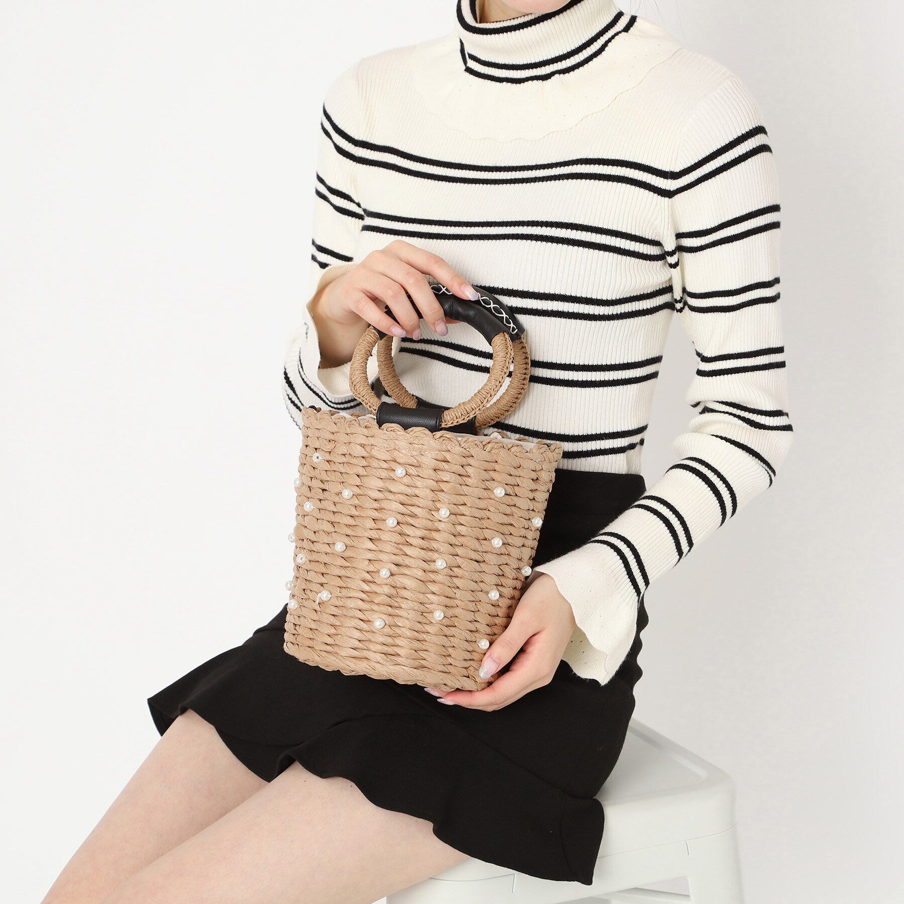 Ober Tashe「雑材2WAYパール調付バケツショルダー」|ハンドバッグ|