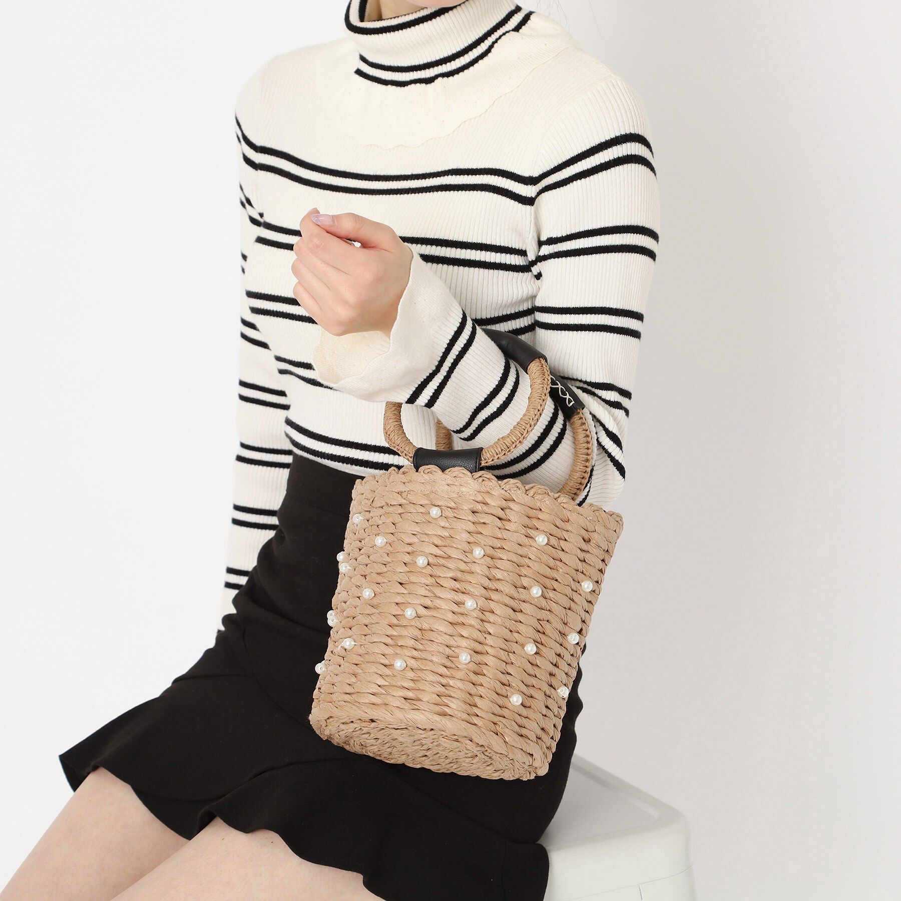 Ober Tashe「雑材2WAYパール調付バケツショルダー」|ハンドバッグ|