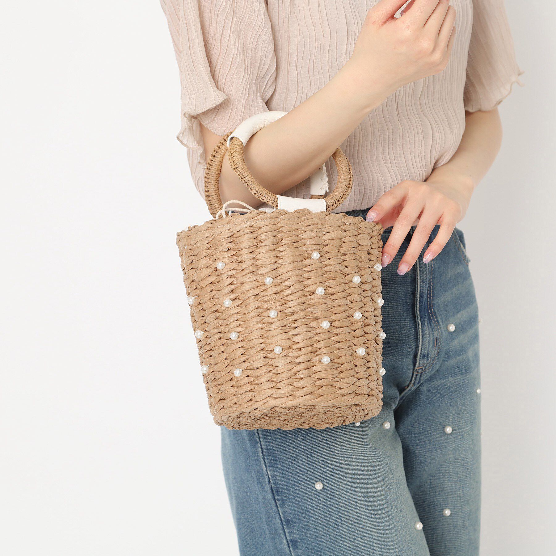 Ober Tashe「雑材2WAYパール調付バケツショルダー」|ハンドバッグ|