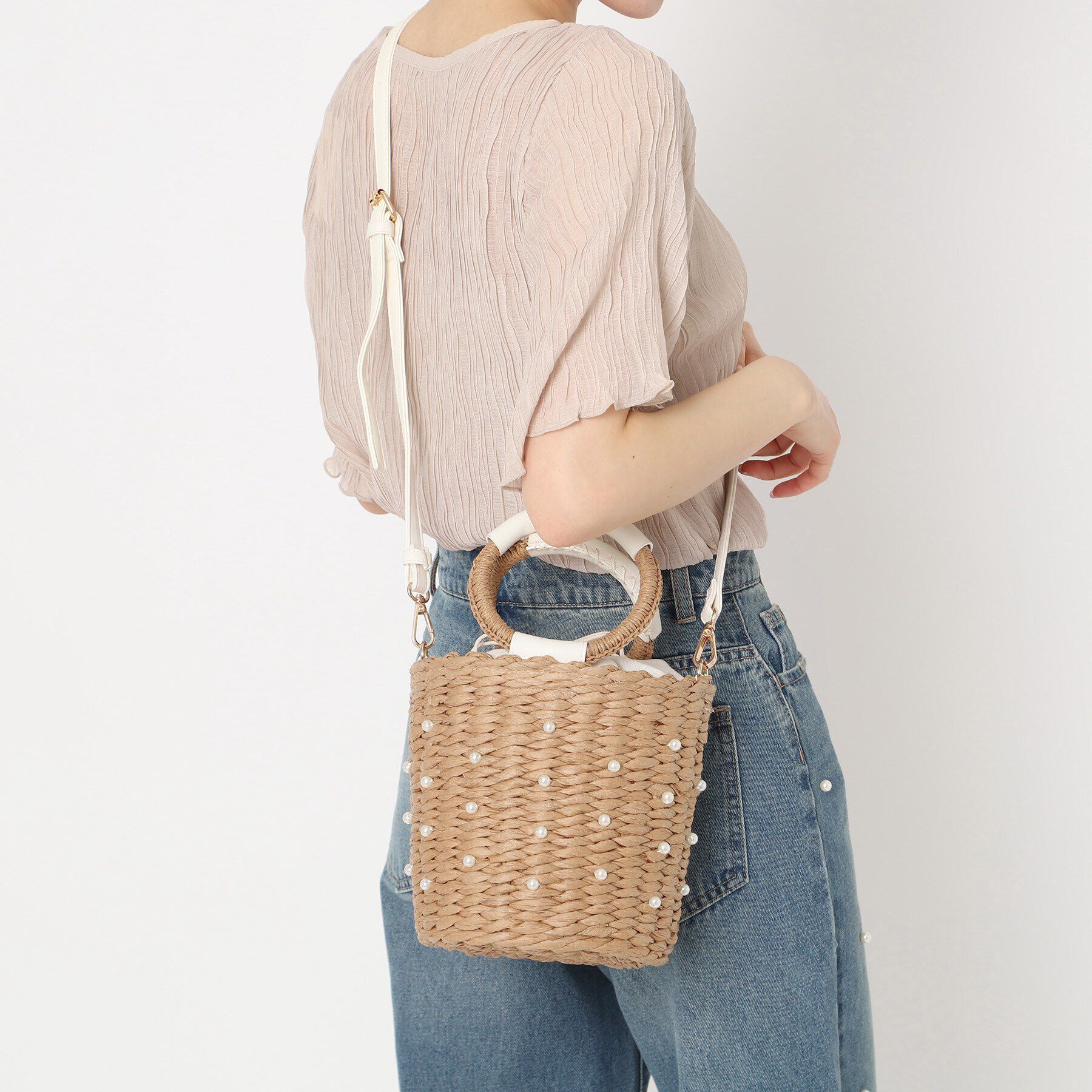 Ober Tashe「雑材2WAYパール調付バケツショルダー」|ハンドバッグ|